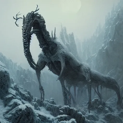 Prompt: an creature with long arms and long neck standing in the blizzardy mountains, Matte painting , detailed painting, greg rutkowski