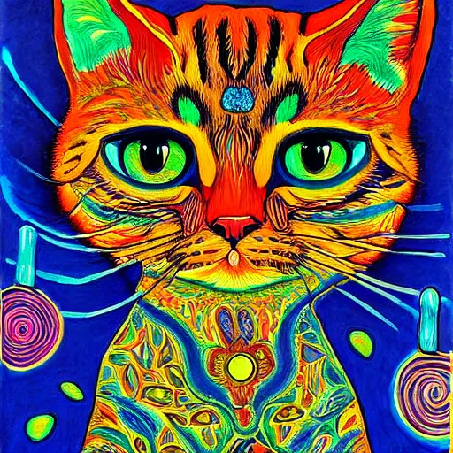 Prompt: psychedelic painting of a cat by Louis Wain, trending on Artstation