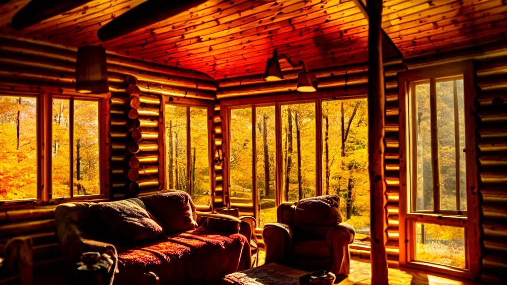 Image similar to inside an old log cabin, the autumn light comes in through a window and dimly illuminates the room, softened diffuse light, photorealism, photo taken with canon EOS 5D and 35 mm lens