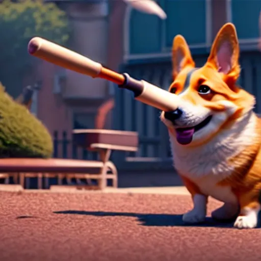 Image similar to weta disney pixar movie still photo of funny corgi with baseball bat : : corgi by pixar : : giant sign that says bonk : : by weta, greg rutkowski, wlop, ilya kuvshinov, rossdraws, artgerm, octane render, iridescent, bright morning, anime, liosh, mucha : :