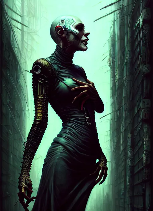 Prompt: portrait shot of a cyberpunk vampire in a scenic dystopian environment, intricate, elegant, highly detailed, centered, digital painting, artstation, concept art, smooth, sharp focus, illustration, artgerm, tomasz alen kopera, peter mohrbacher, donato giancola, joseph christian leyendecker, wlop, boris vallejo