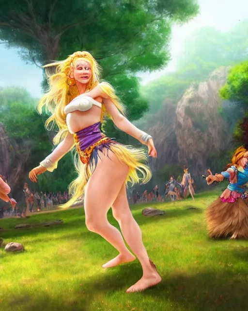 Prompt: concept art of a beautiful blonde cavewoman ayla dancing at the millennial fair from chrono trigger, outdoor fairgrounds, grass, trees, colorful striped pavillions, by stanley artgerm lau, wlop, rossdraws, james jean, andrei riabovitchev, marc simonetti, and sakimichan, tranding on artstation