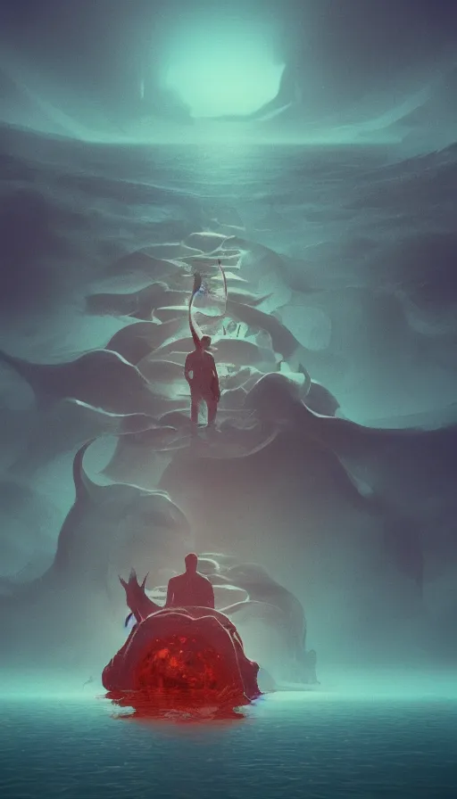 Image similar to man on boat crossing a body of water in hell with creatures in the water, sea of souls, by beeple