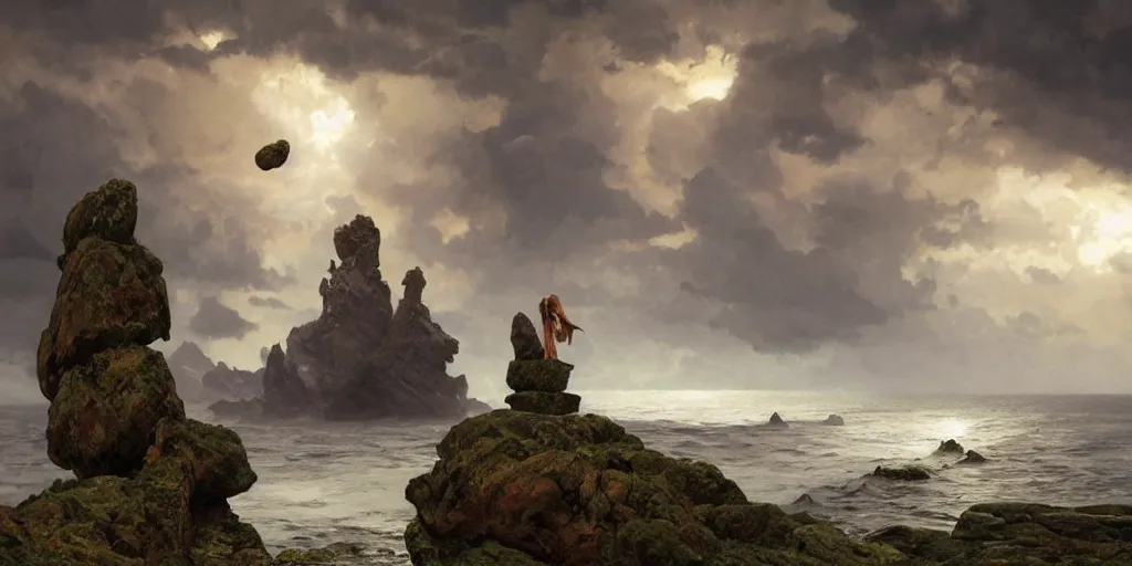 Image similar to photorealistic epic landscape with magically floating rocks, with ominous storm clouds by alphonse mucha. strange levitating stones, stones falling from the sky, swirls of mist. occult photorealism, uhd, amazing depth, glowing, volumetric lighting, cinematic lighting, by artgerm and greg rutkowski