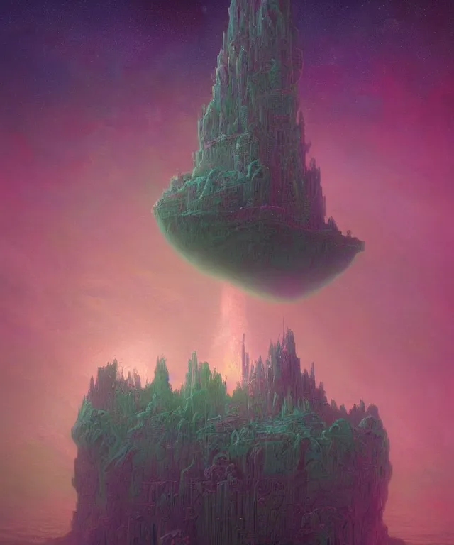 Image similar to an ultra detailed concept digital art painting of a singular floating island castle, levitating across space in a misty pearlescent nebula by paul lehr kazumasa uchio situated in a starry expanse of bioluminescent cosmic worlds by beksinski and beeple, flying citadel with towers, trending on artstation