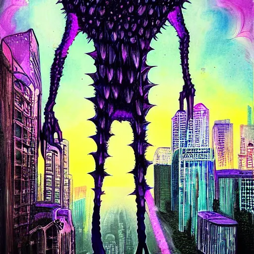 Prompt: A beautiful painting of a large, monster looming over a cityscape. The monster has several eyes and mouths, and its body is covered in spikes. It seems to be coming towards the viewer, who is looking up at it in fear. neon purple, realism, infrared by Dustin Nguyen