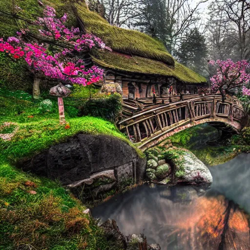 Prompt: spring festival at medieval hobbit village, ornate, beautiful, atmosphere, vibe, mist, smoke, fire, chimney, rain, wet, pristine, puddles, waterfall, melting, dripping, snow, creek, lush, ice, bridge, rainbow, stained glass, forest, roses, flowers, color page, 4 k, contest winner