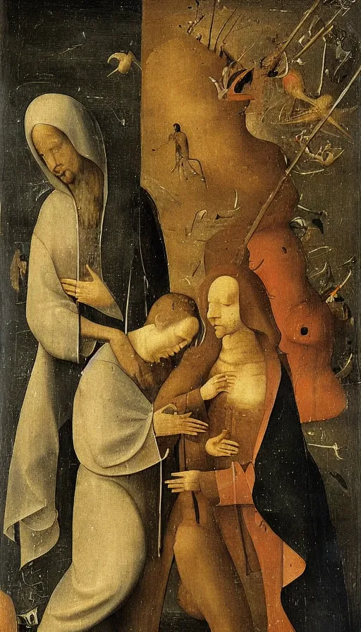 Image similar to two men who are secretly in love seperated by a deity, on one side is light on the other is darkness in the style of hieronymus bosch