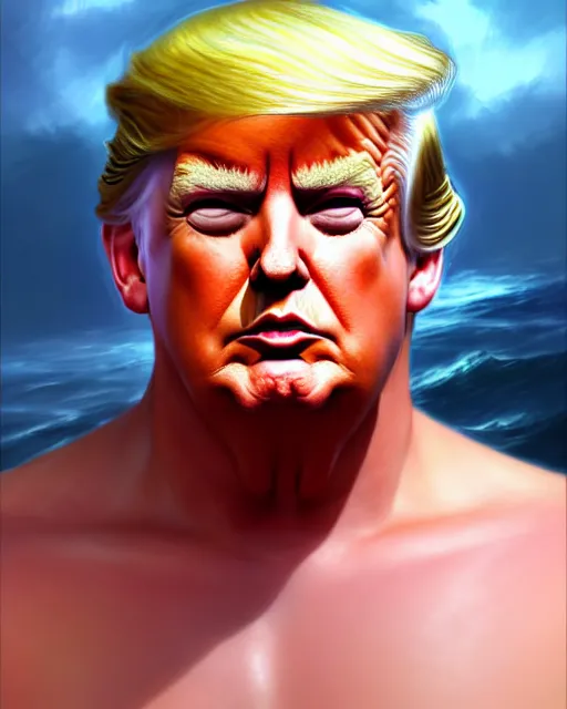 Image similar to character concept art of donald trump as poseidon | cute - fine face, pretty face, realistic shaded perfect face, fine details by stanley artgerm lau, wlop, rossdraws, james jean, andrei riabovitchev, marc simonetti, and sakimichan, tranding on artstation