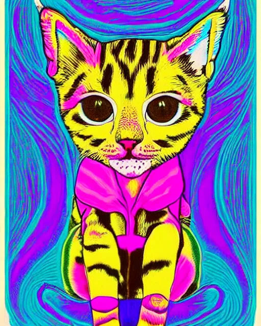 Prompt: symmetrical portrait of a cute kitten, acid psychedelic poster, in the color scheme of Landon Peters,