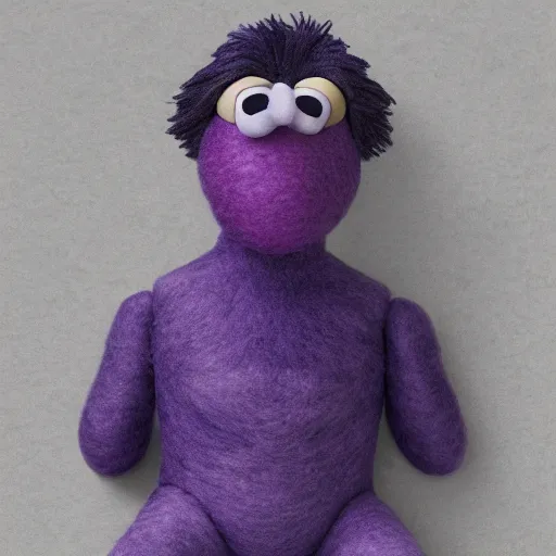 Image similar to thanos as a muppet. purple skin. highly detailed felt. hyper real photo. 4 k.