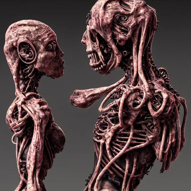 Prompt: dark biomechanical ribbed religious sculpture statue of two cyborgs in love made of rotten flesh meat, suffering, pastel colorful mold, baroque painting, beautiful detailed intricate insanely detailed octane render, organic 8K artistic photography, photorealistic, chiaroscuro, Raphael, Caravaggio, Giger, Beksinski, black background