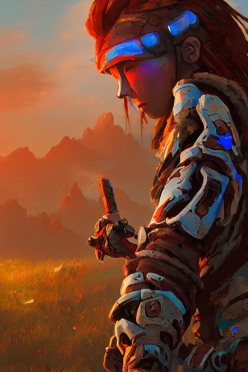 Image similar to combination suit armor aloy horizon forbidden west horizon zero dawn radiating a glowing aura global illumination ray tracing hdr fanart arstation by ian pesty and alena aenami artworks in 4 k tribal robot ninja mask helmet backpack