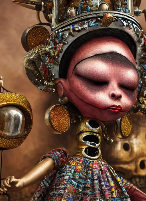 Prompt: highly detailed closeup, portrait of a tin toy voodoo priestess, unreal engine, nicoletta ceccoli, mark ryden, earl norem, lostfish, global illumination, detailed and intricate environment