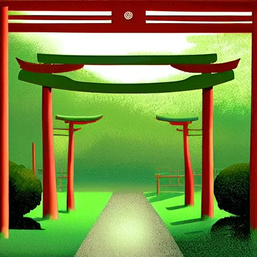 Image similar to a japanese landscape filled with torii arches, dawn, by david aja