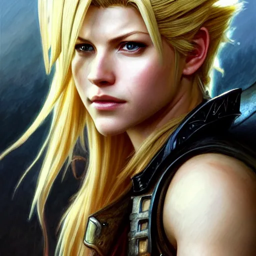 Image similar to beautiful Katheryn Winnick as Cloud Strife, western, closeup, D&D, fantasy, intricate, elegant, highly detailed, digital painting, artstation, concept art, matte, sharp focus, illustration, art by Artgerm and Greg Rutkowski and Alphonse Mucha