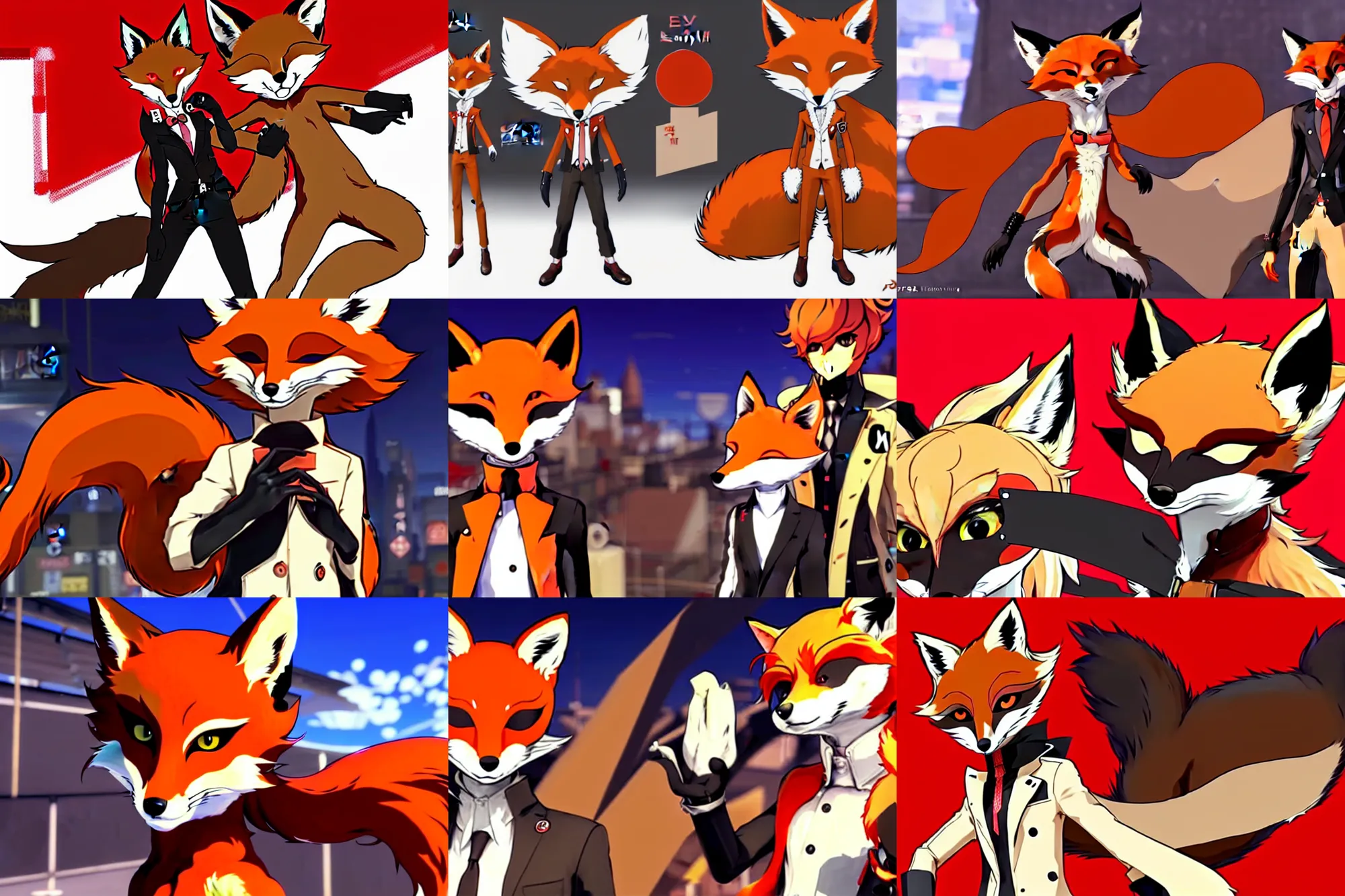 Image similar to a furry tan male fox on a persona 5 : royal ( by atlus ) video game splash screen, a furry male sandy sand - colored beige tan fur fox fursona ( has light brown hair ), persona 5 phantom thief style