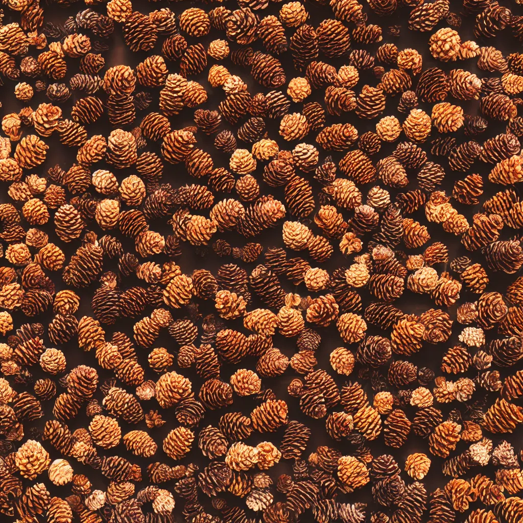 Image similar to top-down view of pinecones on top of a wooden table, 4k, photorealistic