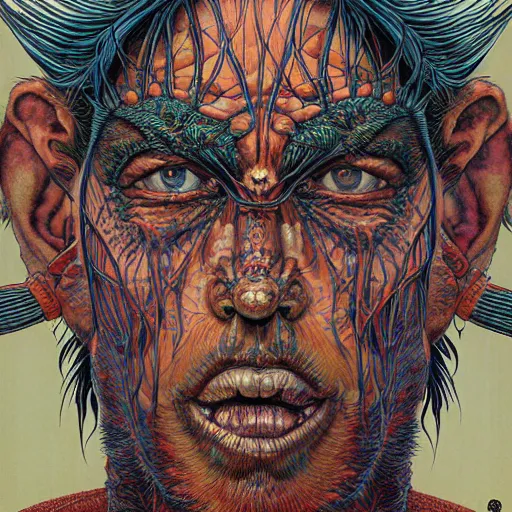 Image similar to portrait of crazy tribal man, symmetrical, by yoichi hatakenaka, masamune shirow, josan gonzales and dan mumford, ayami kojima, takato yamamoto, barclay shaw, karol bak, yukito kishiro