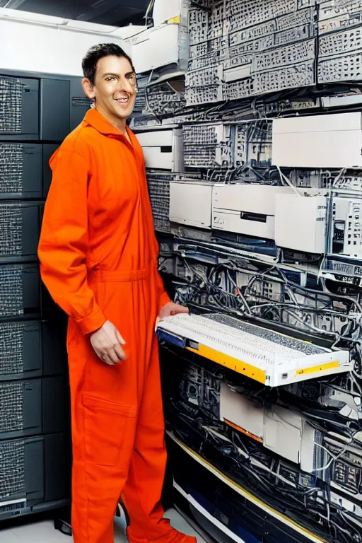 Prompt: extremely arrest photo of the programmer who killed the middle manager who bought an ibm mainframe and actually thought that was a good idea. high contrast color, orange jumpsuit, absolutely no regrets, smile on his face