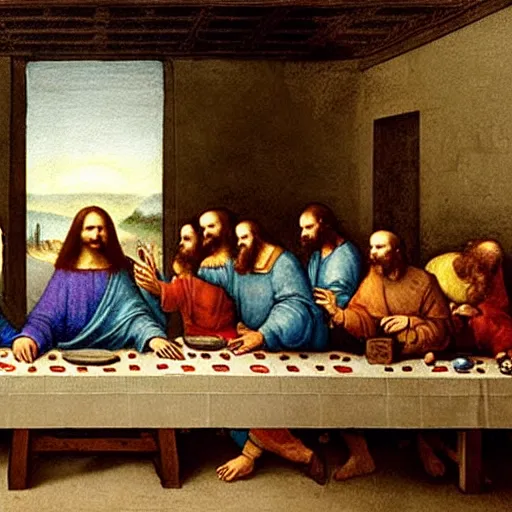 Image similar to last supper painting by da vinci, but they're all looking at their smartphones and not paying attention to each other