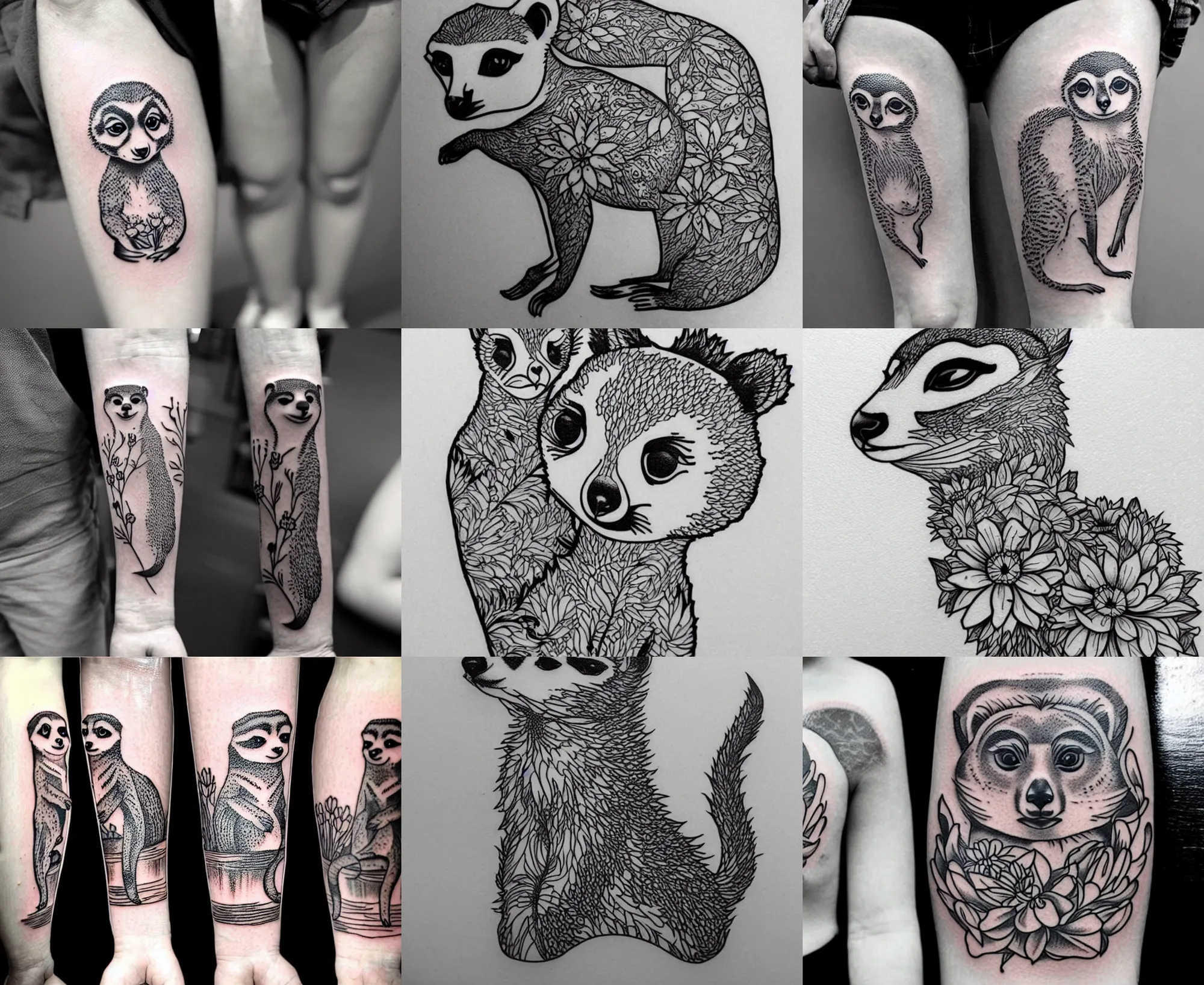 Image similar to detailed amazing tattoo stencil of a meerkcat standing flowers