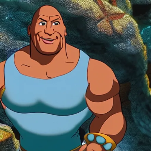 Prompt: dwayne johnson as a cartoon in the little mermaid