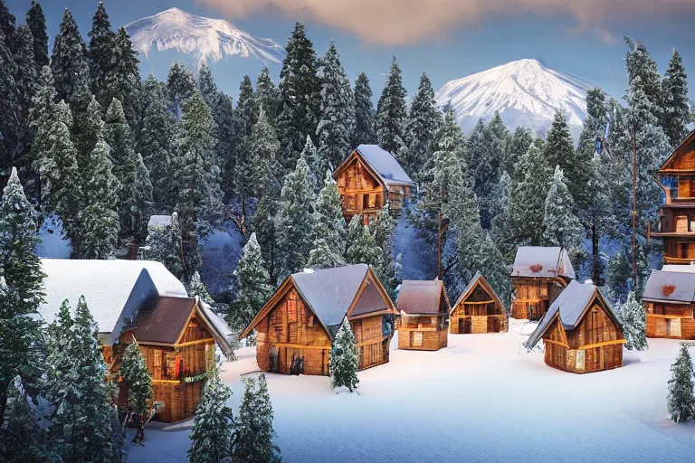 Prompt: futuristic cottage settlement with in the forest with Elbrus mountain covered by snow on the background, architecture, matte painting, high details