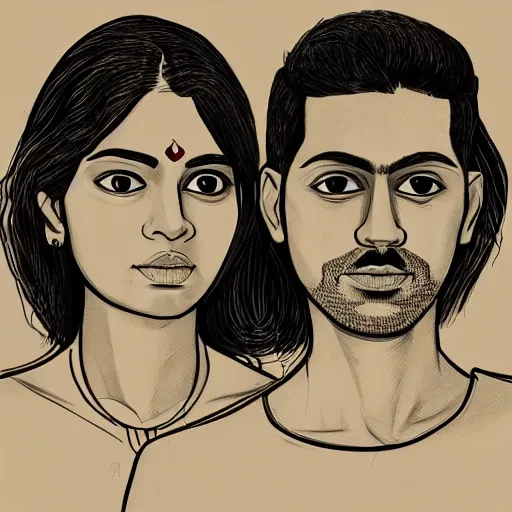 Image similar to perfectly centered symmetrical split male and female portrait of young indian man and woman in love sharing one heart. illustration, highly detailed, simple, no jagged lines, smooth, artstation, artwork by chip zdarsky