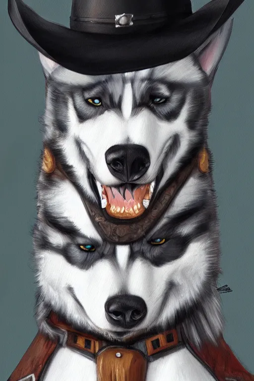 Prompt: a portrait painting of a husky in cowboy costume, wearing a cowboy hat, in the style of anime, [ western film ], humanoid, personify, anthropomorphic, trending on artstation