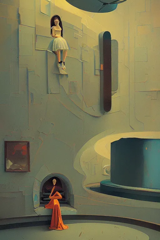 Image similar to Alice portrait in the wonder trash land Edward Hopper and James Gilleard, Zdzislaw Beksisnski, higly detailed