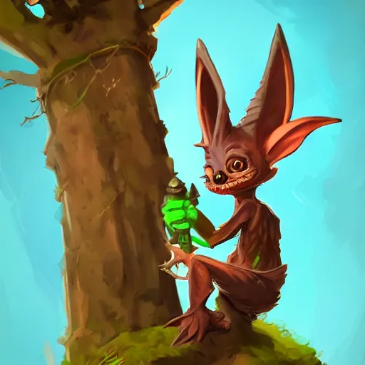 Prompt: friendly scamp goblin adventurer with pointy teeth and big bat ears perched on tree branch, artstation