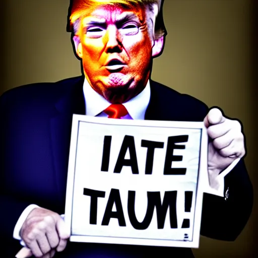 Image similar to a photo of Donald Trump holding a sign saying 'I hate signs !', desaturated photo, cinematic