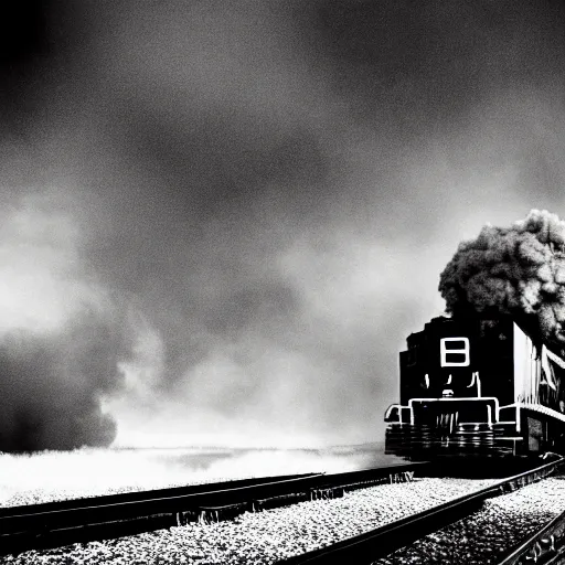 Prompt: a hyperdetailed black and white photograph of the union pacific big boy on the rails producing lots of black smoke in an old timey city, night, dense fog, rain, hd, 8 k, cinematic, volumetric lighting