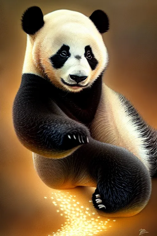 Prompt: clear portrait of a baby panda, cottagecore!!, background hyper detailed, character concept, full body, dynamic pose, glowing lights!! intricate, elegant, highly detailed, digital painting, artstation, concept art, smooth, sharp focus, illustration, art by artgerm and greg rutkowski and alphonse mucha