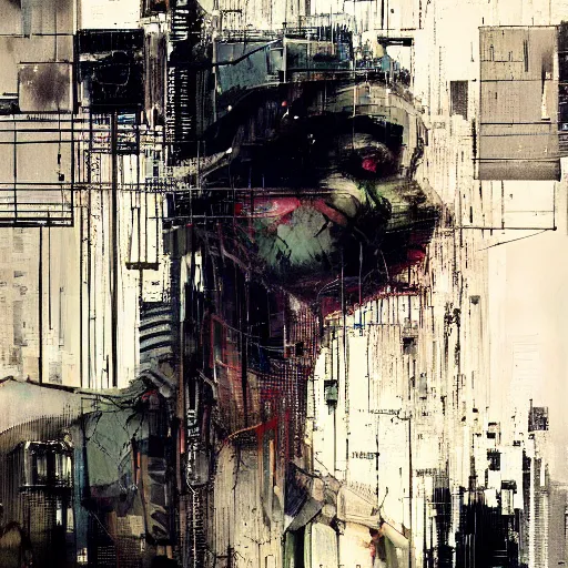 Image similar to a cyberpunk, wires, machines, in a dark future city by jeremy mann, francis bacon and agnes cecile, ink drips, paint smears, digital glitches glitchart c - 1 0