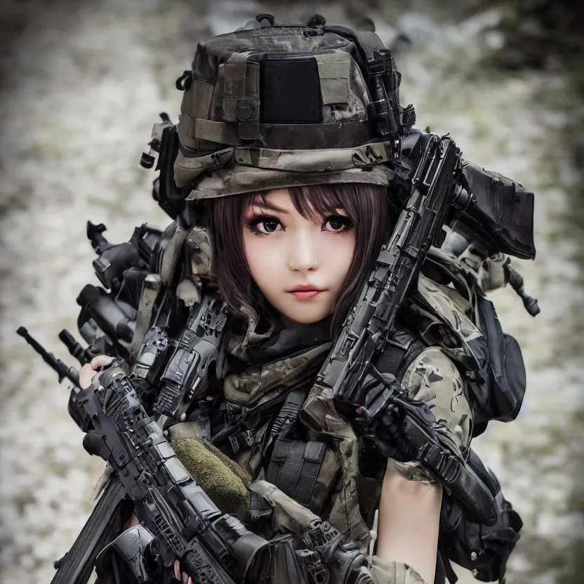 Image similar to portrait photo, highly detailed, high resolution, cosplay photo, stunning, girls frontline style, bokeh soft, 100mm, trending on instagram, by professional photographer, realistic human anatomy, real human faces, realistic military carrier, soldier clothing, modern warfare, realistic ak47, shot with a canon, low saturation