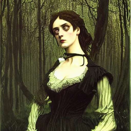 Image similar to A beautiful victorian woman, night, gothic dress, flowing hair, oil painting, portrait, magical forest, , glow, dramatic lighting, dramatic light, masterpiece, high detail, long shadow, amazing composition, detailed, painted by Caspar David Friedrich