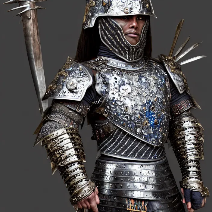 Prompt: full length photograph of a real-life warrior with sapphire encrusted intricate armour. Extremely detailed. 8k