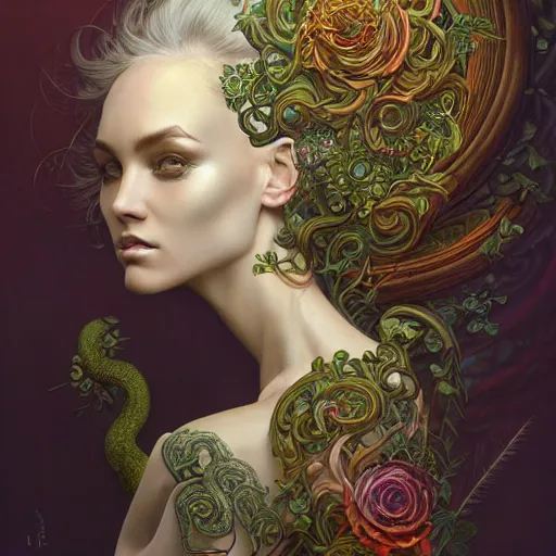 Image similar to a beautiful detailed front view portrait of a woman with ornate growing around morphing, ornamentation, flowers, elegant, beautifully lit, by wayne barlowe, peter mohrbacher, kelly mckernan,