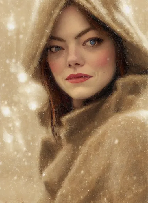 Image similar to emma stone in beige coat, close up, winter new york, snow, artwork by gaston bussiere, craig mullins, trending on artstation