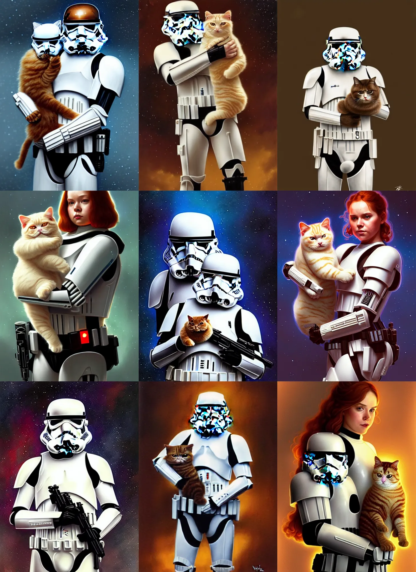 Prompt: a stormtrooper holding a fat ginger cat in his arms, star wars, glowing lights, sci - fi, intricate, elegant. highly detailed, digital painting. artstation. smooth. sharp focus. illustration. art by artgerm and greg rutkowski and alphonse mucha