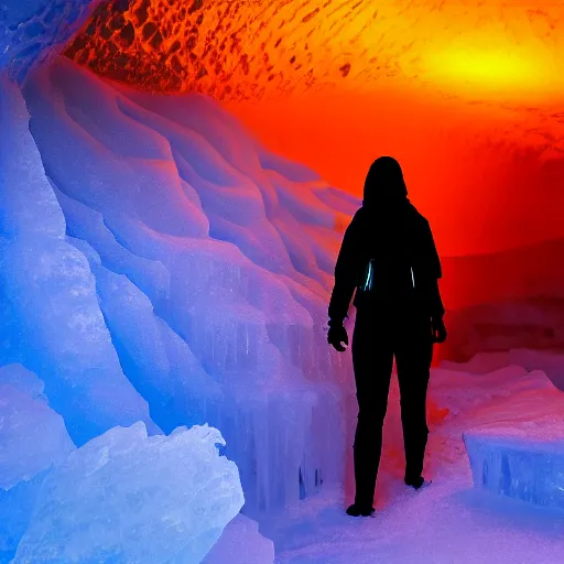 Prompt: ice cave. dramatic orange lighting. photo realistic. lone sihouette of a woman explorer.