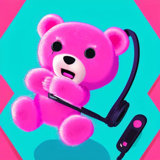 Prompt: iconic vector logo of cute cuddly pink bear with a podcast microphone, melodic, headphones, music, streaming, dreamy, isometric, adorable, octane render, golden ratio, 4k UHD, iconic design