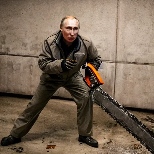 Image similar to putin with a chainsaw. in a concrete bunker with a pile of corpses. focus on putins face with blood splatters. canon eos r 3, f / 1. 4, iso 1 6 0 0, 1 / 8 0 s, 8 k, raw, grainy