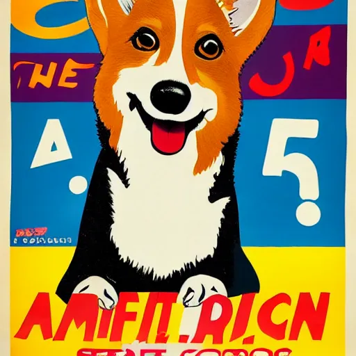 Image similar to a teaser poster of an american sitcom from the 50s, the protagonist is a corgi dog, 1950, poster