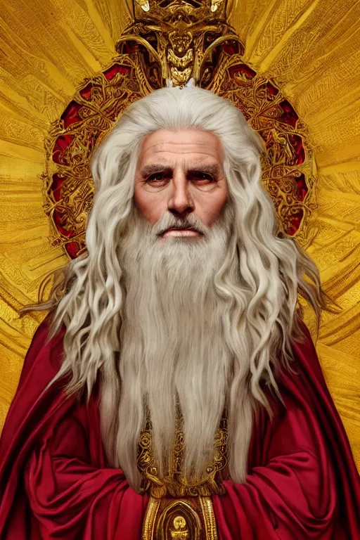 Image similar to Portrait of historically accurate, ancient biblical, sultry, sneering, evil, pagan, old kindah kingdom king, wearing gilded red royal robes, long white hair, intricate, elegant, highly detailed, digital painting, artstation, concept art, smooth, sharp focus, illustration, art by artgerm and greg rutkowski and alphonse mucha and andrei riabovitchev