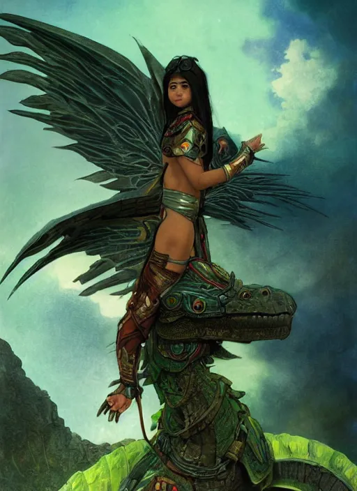 Prompt: portrait of a little cyborg warrior girl character sitting on top of a giant armored dinosaur bird with huge wings flying in space, epic character with dark skin and beautiful green eyes. the girl has a very beautiful detailed symmetrical face, long black hair. diffuse night light, dramatic landscape, fantasy illustration, matte painting by mucha