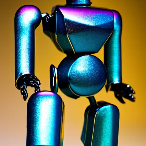 Image similar to iridescent metal retro robot made out of simple geometric shapes. tilt shift photography. award winning