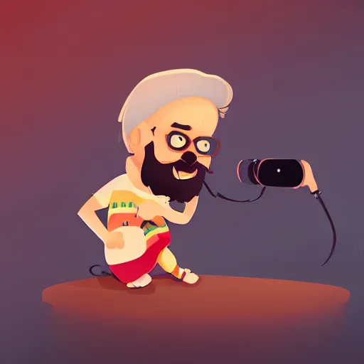 Image similar to cute cartoon character, curled perspective, digital art, beard grandpa taking a photo to a baby girl, anton fadeev